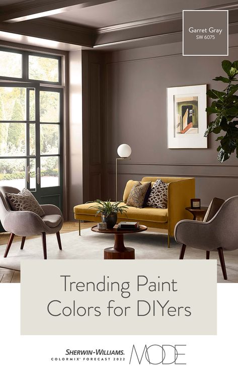 Are you a DIYer who wants to choose on-trend colors for your next painting project? Tap this pin to learn all about the Sherwin-Williams 2022 Colormix® Forecast featuring 40 unique colors across four distinct palettes, then get tips from our Director of Color Marketing, Sue Wadden, on how to use these hues in your home. #sherwinwilliams #colormixforecast #color #diy #design #paint #painting Sherwin Williams Settlement Paint, Sepia Paint Color, Sherwin Williams Garret Gray, Sherwin Williams Dusted Truffle, Best Paint Color For Small Living Room, Sherwin Williams Room Colors, Socialite Sherwin Williams, Castlegate Sherwin Williams, Brown Paint Dining Room