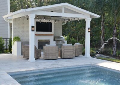 Pergolas & Pavilions Gallery | Creative Design Space Pool Pavilion Ideas, Pavillion Backyard, Small Pool House, Backyard Hill Landscaping, Small Pool Houses, Outdoor Pavillion, Backyard Structures, Pool Pavilion, Dream Backyard Pool