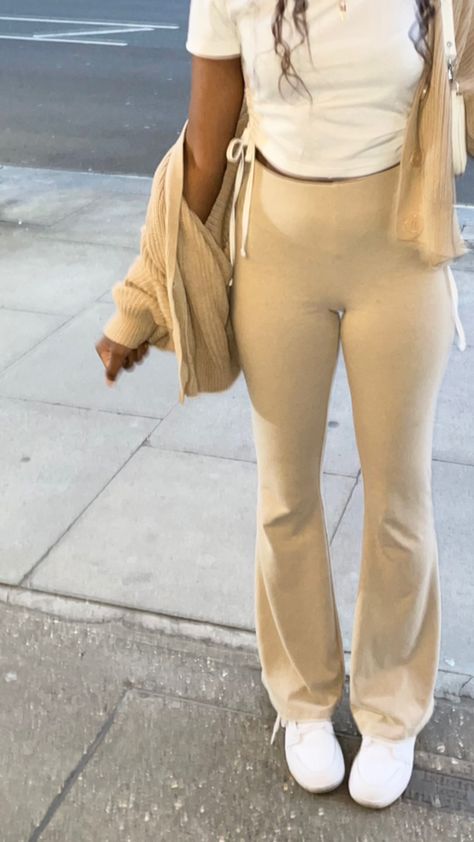 casual flare // fits Tan Flared Leggings Outfit, Beige Flare Pants Outfit Winter, Beige Flare Leggings Outfit, Tan Yoga Pants Outfit, Cream Flare Leggings Outfit, Beige Flares Outfit, Beige Flare Jeans Outfit, Khaki Flare Pants Outfit, Tan Flare Pants Outfit