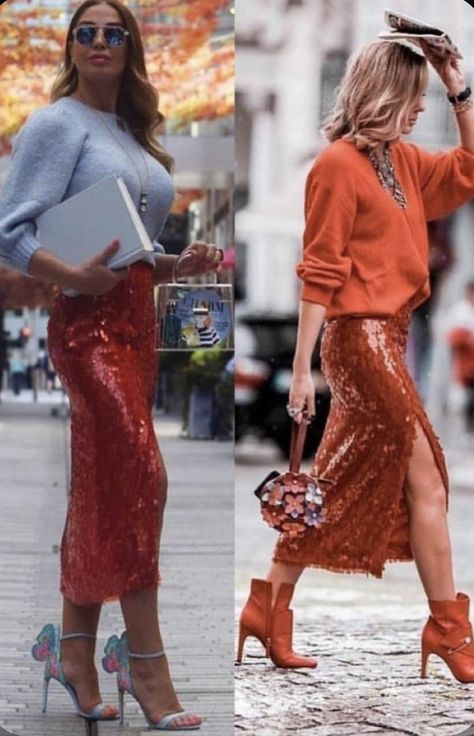 Red Sequin Skirt Outfit, Red Sequin Skirt, Sequin Skirt Outfit, Sequined Skirt, Skirt Inspiration, Holiday Outfits Women, Moda Chic, Metal Clothing, Red Sequin