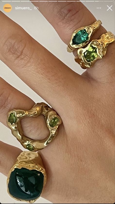 Melted Gold Jewelry, 2024 Ring Trends, Maximalist Gold Jewelry Aesthetic, Maximalistic Jewelry, Maxamilist Jewelry, Maximalist Gold Jewelry, Maximalist Jewelry Aesthetic, Cool Jewellery, Vintage Gold Jewelry Aesthetic