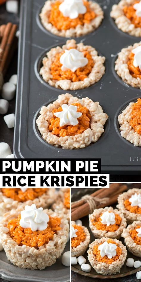 mini pumpkin pie rice krispie treats in a metal muffin pan with text overlay Rice Krispy Treats Thanksgiving, November Food Activities For Kids, Rice Krispie Treat Halloween Ideas, Rice Crispy Thanksgiving Treats, Thanksgiving Dessert Finger Foods, Pumpkin Pie Rice Crispy Treats, Thanksgiving Kids Treats Easy, Thanks Giving Sweet Treats, Thanksgiving Treats For Preschoolers