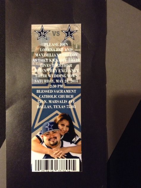 Dallas Cowboys Ticket Wedding Invitation Dallas Cowboy Wedding, Cowboy Wedding Theme, Cowboy Wedding Decorations, Cowboy Wedding Invitations, Dallas Cowboys Wedding, Cowboy Weddings, 25th Anniversary Party, Quote About Love, Cowboy Wedding