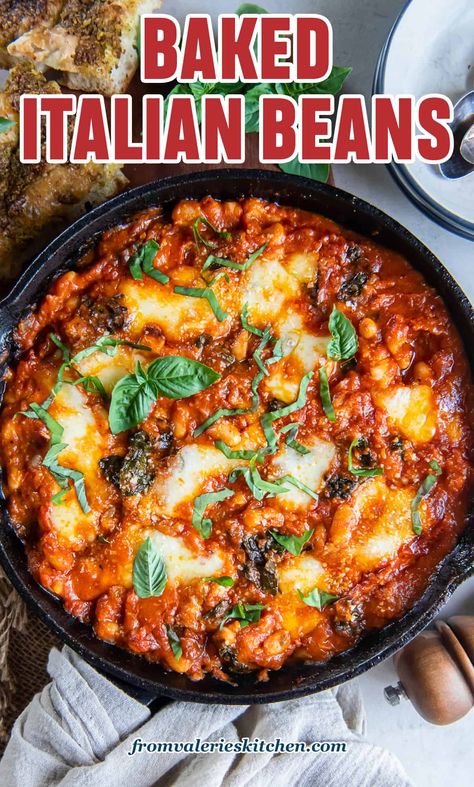 Cheesy Marinara Beans, Italian Lima Bean Recipes, Rustic Italian Recipes, Italian Baked Beans, Sautéed Greens, Canellini Beans, Easy Bean Recipes, Lamb Sausage, Cannellini Beans Recipes