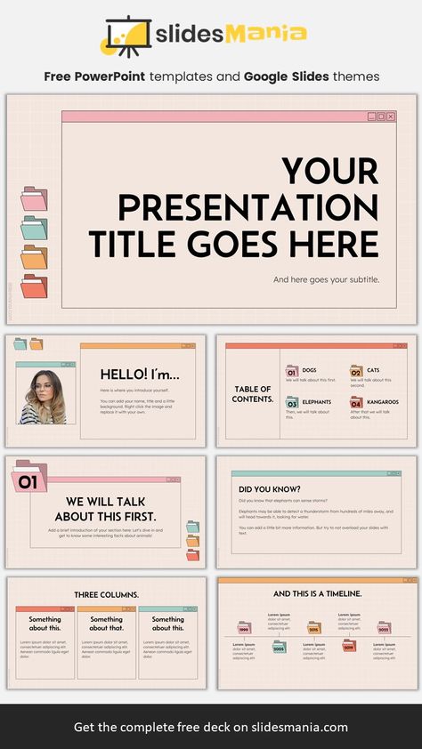 This free PowerPoint template and Google Slides theme features an OS interface with file folders with beautiful colors. It includes a simple certificate layout and an agenda slide for teachers. You can use this template for a techie professional development session, a social media presentation or a project proposal. I’ve used theme colors, so you just need to change the theme colors for this theme to match your brand. Google Slides Free Template, Google Slides Ideas, Google Slides Aesthetic, Google Slides Templates For Teachers, Slide Show Template, Free Google Slides Templates, Teacher Powerpoint, Social Media Presentation, Agenda Slide