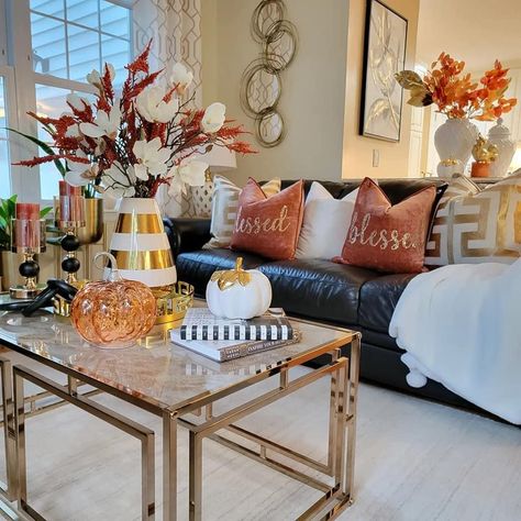 Orange And Gold Living Room, Orange And Gold Living Room Decor, Glam Living Rooms, House Rehab, Breezeway Ideas, Tan House, Gold Living Room Decor, Contemporary Decor Living Room, Cute Living Room