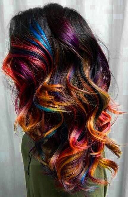 Rainbow highlights More Black Lowlights, Lowlights Hair, Haircolor Ideas, Unicorn Hair Color, Multi Colored Hair, Trendy Hair Color, Unicorn Hair, Ombre Hair Color, Trendy Hair