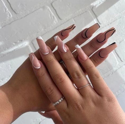 The Best Summer Wavy Nail Ideas 2022 White And Black Line Nails, Neutral Nails With White Lines, Black Line Acrylic Nails, White Lines Acrylic Nails, Black Lined Nails, Black Wavy Nails, White Line Acrylic Nails, White Nails With Lines, White And Black Nails Acrylic