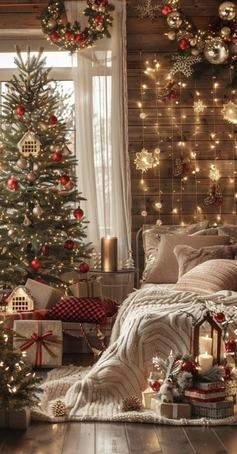 Christmas Room Decor Aesthetic Cozy, Cozy Cottage Christmas Decor, Cosy Christmas Living Room, Christmas Bed Photoshoot, Hallmark Christmas Aesthetic, Vintage Christmas Aesthetic Cozy, Christmas Season Aesthetic, Classic Christmas Aesthetic, Christmas Cozy Home