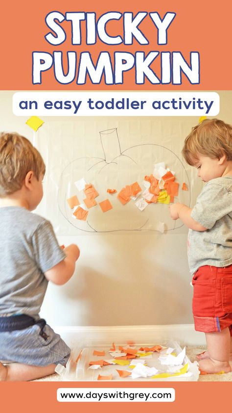 Two little boys adding orange, yellow, and white tissue paper squares to a sticky picture of a pumpkin. Pumpkin Activity, Toddler Language Development, Prek Crafts, Activity For Toddlers, Fall Preschool Activities, Pumpkin Activities, Easy Toddler Activities, Toddler Classroom, Toddler Discipline