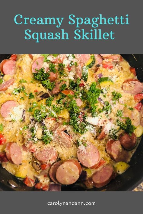 spaghetti squash recipe Spaghetti Squash Skillet, Creamy Spaghetti Squash, Kielbasa Sausage Recipes, Smoked Turkey Sausage, Sausage And Spaghetti Squash, Turkey Sausage Recipes, Spaghetti Squash Recipe, Creamy Spaghetti, Ground Turkey Recipes Healthy