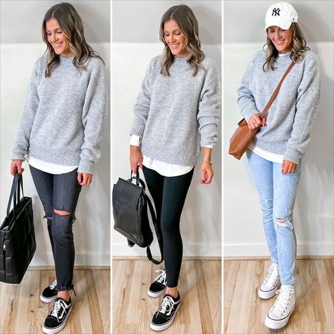 How to style | Casual outfit | Everyday outfit | Styling tips | H&M | Sweater | Basics | Closet essentials | Capsule wardrobe Gray Vans Outfit, Gray Sweater Outfit Winter, Light Grey Sweater Outfit, Amazon Backpack, White Vans Outfit, Gray Sweatshirt Outfit, Light Wash Jeans Outfit, Black Sneakers Outfit, Yankee Hat