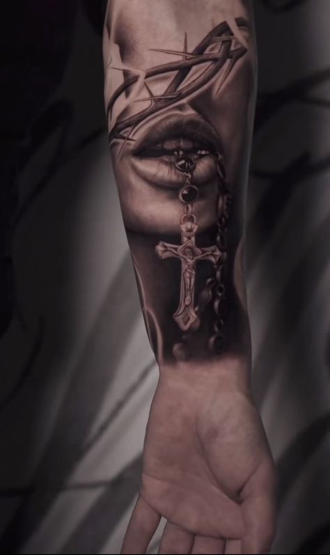 Cross Sleeve Tattoos Mens Arm, Custom Sleeve Tattoos, Dark Religious Tattoos, Rosary Arm Tattoo, Rosery Tattoos Men, God Tattoos Men, Religious Forearm Tattoo, Saint Tattoos For Men, Religous Tattoo Arm Sleeve