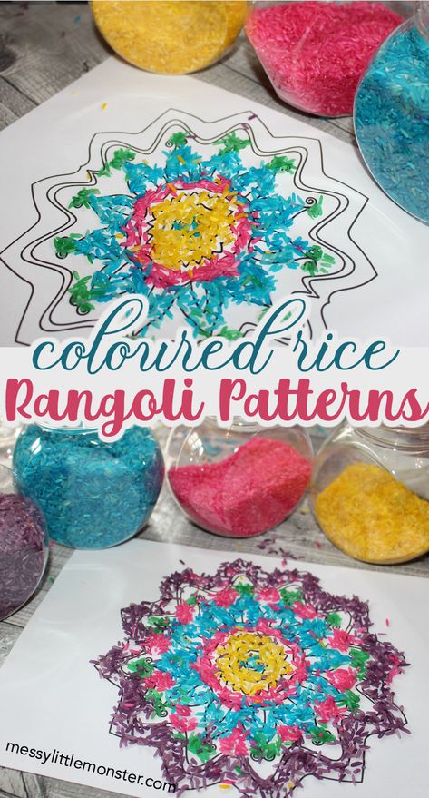 How to make a rangoli pattern with coloured rice. Diwali craft for kids, toddlers and preschoolers. Rangoli For Kids Diwali Craft, Coloured Rice Rangoli, Diwali Diya Craft For Preschool, Diwali Ideas For Toddlers, Diwali Toddler Activities, Rice Art For Kids, Diwali Preschool Crafts, Diwali School Activities, Diwali Craft Preschool