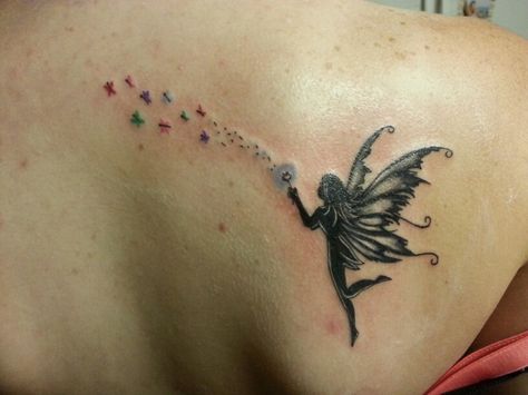 My first tattoo! Fairy with dandelion turning into butterflies Fairy And Dandelion Tattoo, Fairy Blowing Dandelion Tattoo, Fairy Dandelion Tattoo, Tinkerbell Tattoo, Dandelion Tattoos, Tattoo Fairy, Blowing Dandelion, Unicorn Tattoo, Children Names