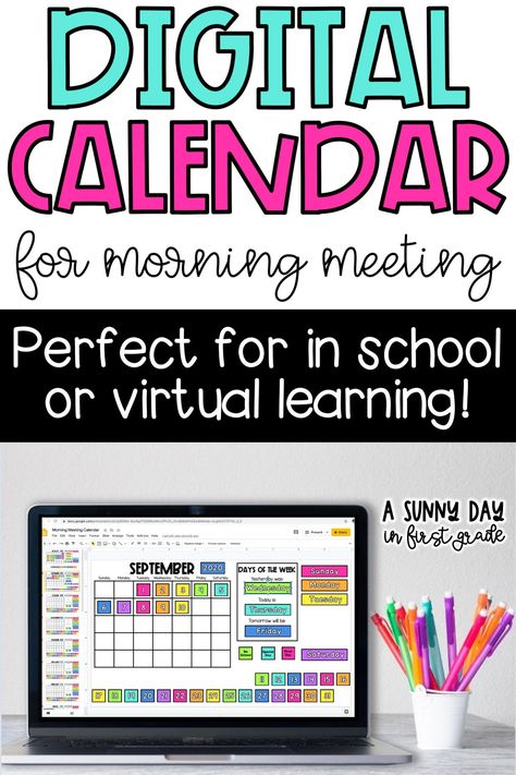 This interactive digital calendar is perfect for in school and distance learning! Kindergartener and first grade students will love the colorful, moveable pieces.  Perfect for morning meeting or your math block! Kindergarten Calendar, Digital Learning Classroom, Kindergarten Anchor Charts, Interactive Calendar, Calendar Math, Math Blocks, Classroom Calendar, Calendar Time, Classroom Organisation