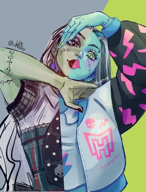 Oppereta Monster High Art, Monster High Art Frankie, Andy Monster High, Frankie Stein Restyle, Monster High Base Drawing, Frankie X Cleo, Twyla Aesthetic, Monster High Body Base, River Styxx Monster High