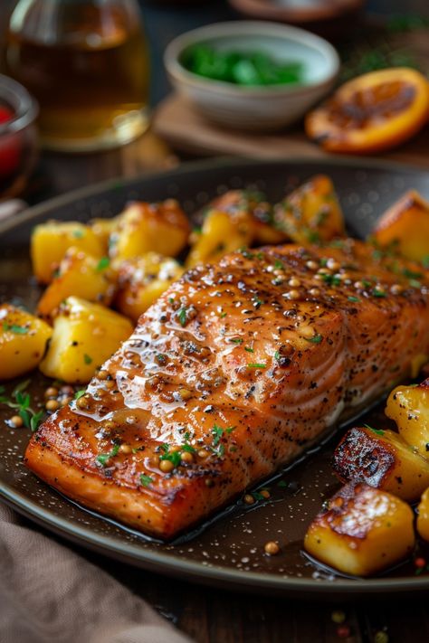 Grilled salmon fillet with roasted potatoes and herbs on a dark plate. Salmon Food Astethic, Maple Teriyaki Salmon, Maple Baked Salmon, Swedish Salmon Recipes, Salmon Butternut Squash, Dinner Party Salmon, Fine Dining Salmon Recipes, Salmon For Thanksgiving, Salmon Thanksgiving Dinner