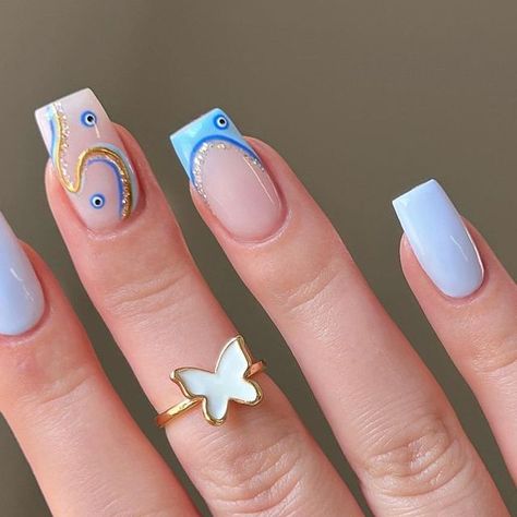 French Nail Ideas Short, Blue Evil Eye Nails Short, Turkish Eye Nails French Tip, Summer Nails For Spain, Blue Biab Nails Designs, Builder Gel Designs, Evil Eye Gel Nails, Rounded Nail Ideas, Natural Nails Designs Short