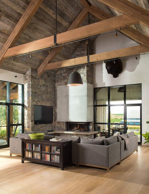 YONDER FARM - Locati Architects & Interiors | Bozeman, Big Sky Architects Locati Architects, Scandi Farmhouse, Eclectic Farmhouse, Unique Farmhouse, Aged Bronze, Fan With Light, Led Ceiling Fan, Home Ceiling, Living Room Seating