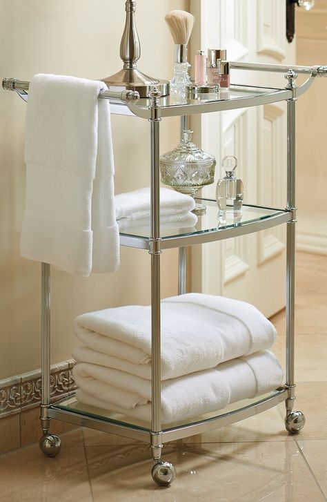 Lovely Cart Arranged In Elegant Spa Style Bathroom Rolling Cart, Bath Cart, Spa Cart, Bathroom Trolley, Bathroom Cart, Barn Bathroom, Suite Master, Bathroom Furnishings, Metal Tree Wall Art