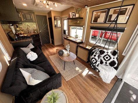 This Toy Hauler Renovation Features A...Swing?! Toy Hauler Remodel, Bedroom Patio, Ceiling Storage, Mobile Living, Shower Fixtures, Shower Faucet Sets, Diy Camper Remodel, Rv Renovations, Shower Surround