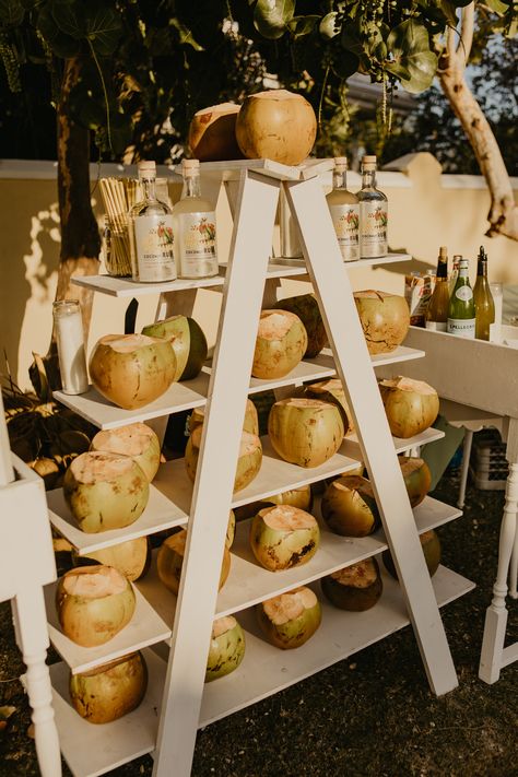 Destination weddings dictate fun and fabulous takes on typical wedding stations. Invite your guests to truly get on 'island time' by adding rum to their coconut with this make-shift cocktail offering. Coconut Wedding Theme, Wedding Stations, Coconut Bar, Bar Stand, Coconut Bars, Bar Shelf, Seaside Wedding, Wedding Bar, Event Ideas