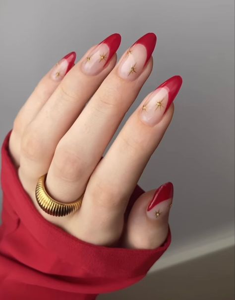 Red French Tip With Gold Stars, Red French With Gold, Red French With Glitter, Red French Tip Nails With Gold, Red French Nail Designs, Red Nail Designs Almond, Red And Golden Nails, Nails Christmas French, Nail Art Idea