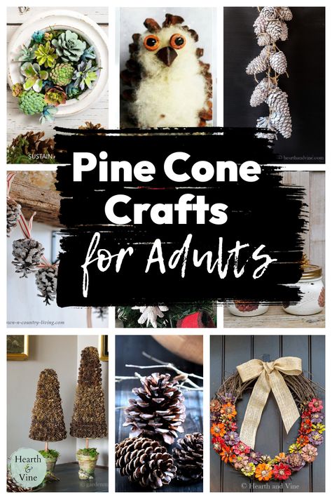 Collage of pine cone crafts including a wreath, an owl, garlands, waxed pine cones and more. Pine Cone Crafts For Adults, Pinecone Windchimes, What To Do With Pine Cones, Pinecone Decorations Diy, Pine Cone Crafts Diy, Christmas Pine Cone Crafts, Christmas Pinecone Crafts, Diy Pinecone Crafts, Nature Crafts For Adults