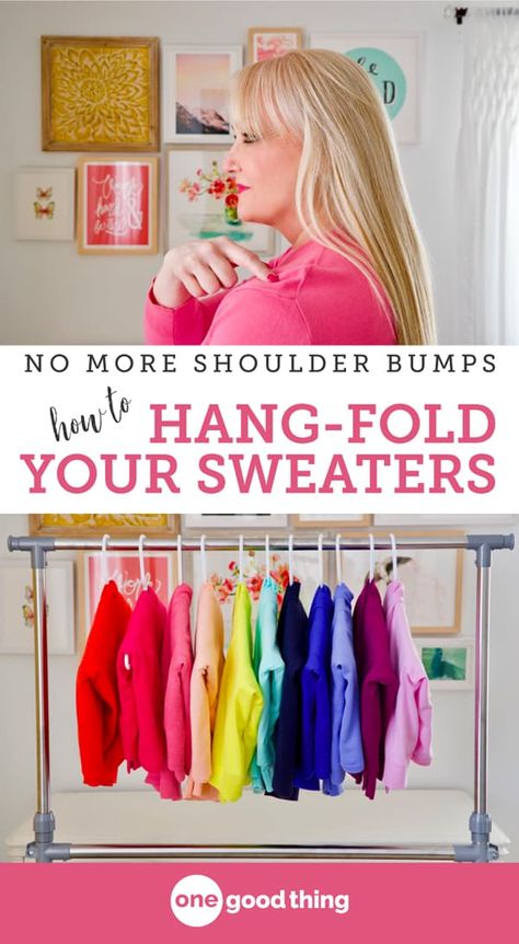 How To Hang Shirts To Save Space, How To Hang Tee Shirts In Closet, How To Hang Sweatshirts, Hanging T Shirts In Closet, How To Hang Hoodies On Hangers, How To Hang Hoodies, How To Hang Cardigans On A Hanger, How To Hang Hoodies In Closet, Fold Sweaters