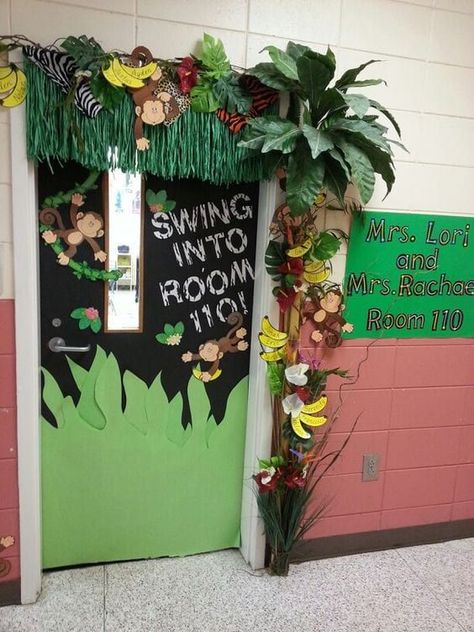 23 Jungle Classroom Theme Ideas - WeAreTeachers.#classroom #ClassroomDecorPreschool #ClassDecorationIdeas #inspiration Jungle Classroom Door, Jungle Theme Classroom Decorations, Jungle Door, Rainforest Classroom, Safari Theme Classroom, Preschool Jungle, Jungle Classroom, Jungle Theme Classroom, Rainforest Theme