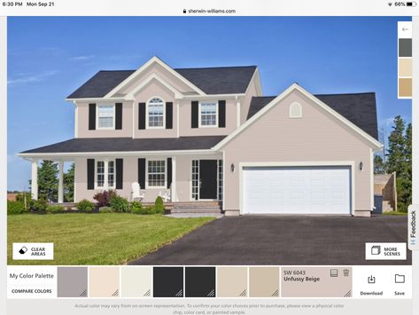 From SW mock up - Unfussy beige, Alabaster trim, Tricon black shutters Beige House With Black Shutters, Cream House Black Shutters, Beige House White Trim, Beige House Black Shutters, Unfussy Beige, Alabaster Trim, Front Porch Addition, Beige House, Black Shutters