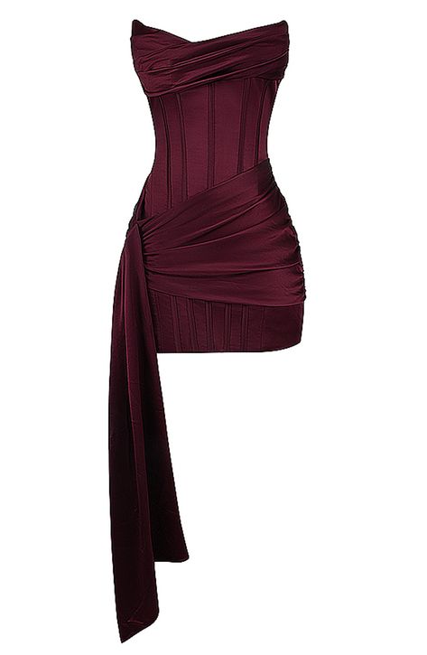 Strapless Draped Corset Dress Burgundy Modern Corset Outfit, Homecoming Inspo, Draped Corset, Burgundy Homecoming Dresses, Homecoming Dress Short, Satin Homecoming Dress, Homecoming Outfits, Looks Party, Prom Dress Inspiration