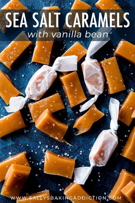 Super soft and chewy sea salt caramels loaded with delicious vanilla bean! Step by step recipe on sallysbakingaddiction.com Homemade Caramel Candy, Homemade Caramels, Sea Salt Caramels, Homemade Truffles, Easy Candy, Oven Fried, Soft Caramel, Caramel Candy, Caramel Recipes