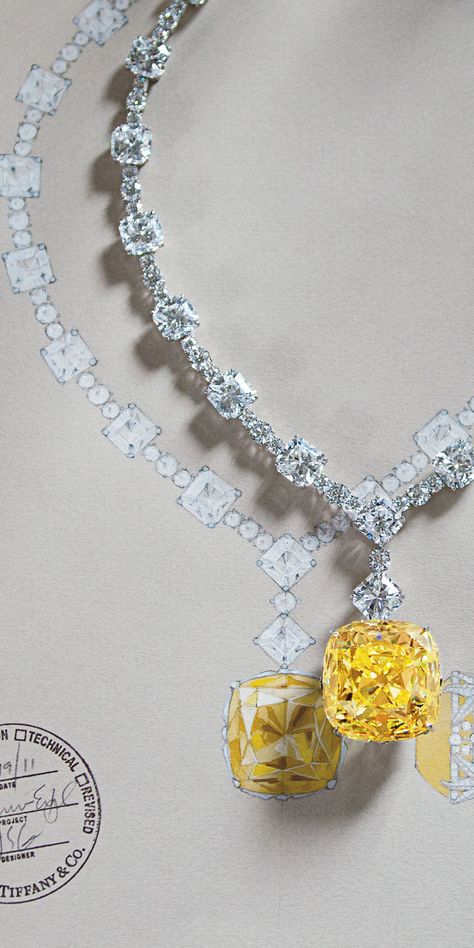 For Tiffany’s 175th anniversary in 2012, the priceless Tiffany Diamond was reset in a magnificent necklace of white diamonds.The famous yellow Tiffany diamond in its new setting with the 128.54-carat yellow diamond and white diamonds totaling more than 120 carats. Via The Jewellery Editor. Jewelry Sketches, Jewel Drawing, Jewelry Rendering, Yellow Sunshine, Tiffany Diamond, Jewelry Illustration, Jewelry Drawing, Jewellery Sketches, Tiffany Jewelry