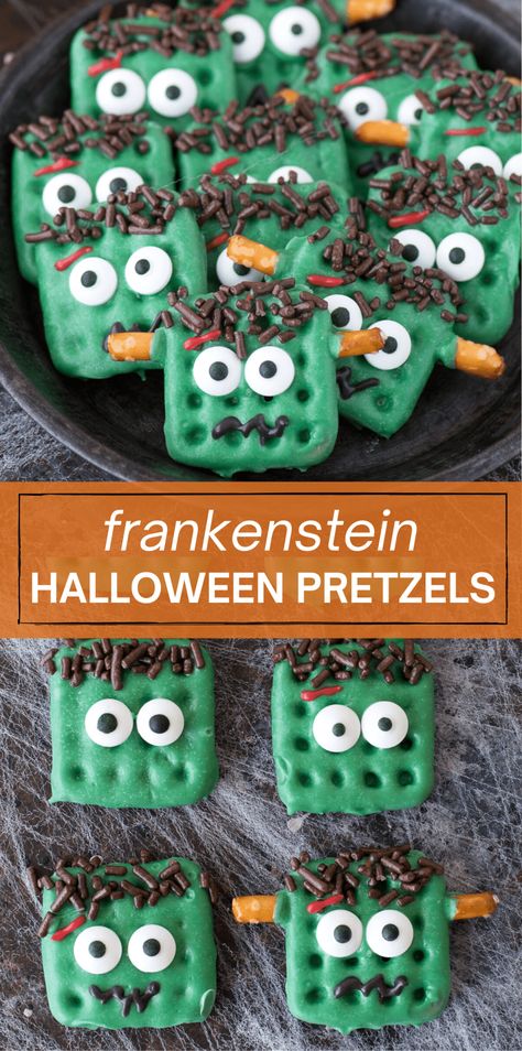 Frankenstein halloween pretzels are made with candy melts, pretzels, and a few other simple ingredients! Kids can definitely help with this easy halloween treat! #halloweenfood #halloweenpretzels #frankenstein Frankenstein Themed Food, Frankenstein Food, Frankenstein Treats, Food For Halloween, Frankenstein Party, Halloween Eats, Halloween Pretzels, Fun Halloween Treats, School Recipes