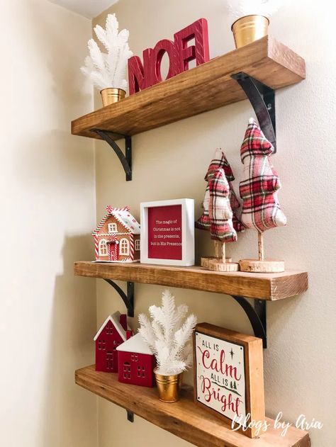 Dream House Christmas Decor, Christmas Fireplace Shelves Decor, Decorate Shelves For Christmas, Farmhouse Christmas Decor Bathroom, Christmas Ideas For The Home Farmhouse, Seasonal Bathroom Decor, Christmas Bathroom Decor Farmhouse, Christmas Decorations Shelves, Christmas Decor For Shelves Living Rooms