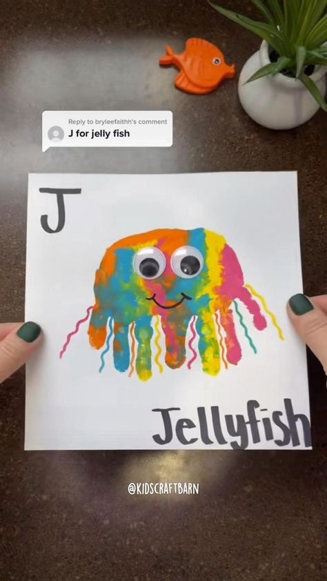 Handprint J - j is for jellyfish! | Pinterest J For Jellyfish, J Is For Jellyfish, Handprint Alphabet, Letter J Crafts, Easy Homemade Baby Food, Alphabet Challenge, Imagination Tree, Baby Play Activities, Toddler Arts And Crafts