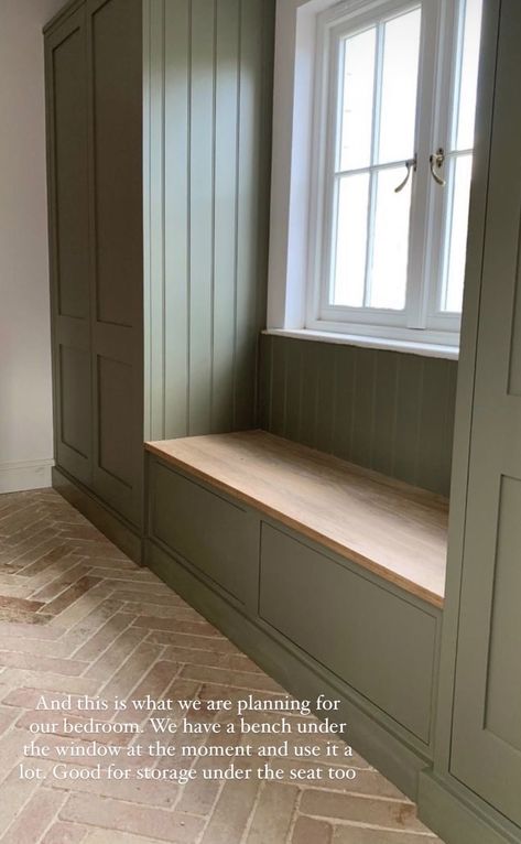 Built In Wardrobe With Bench, Farrow And Ball Boot Room, Carpentry Design Ideas, Panelled Boot Room, Treron Farrow And Ball Kitchen, Treron Farrow And Ball, Farrow And Ball Treron, Cupboard Work, Bespoke Cabinetry