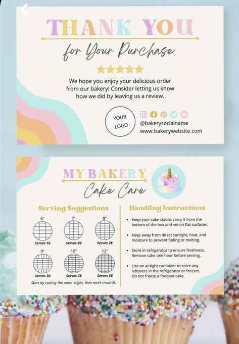 Baking Business Cards, Cake Serving Guide, Cake Care Card, Cake Business Cards, Bakery Business Plan, Retro Cake, Home Bakery Business, Bakery Business Cards, Homemade Breads