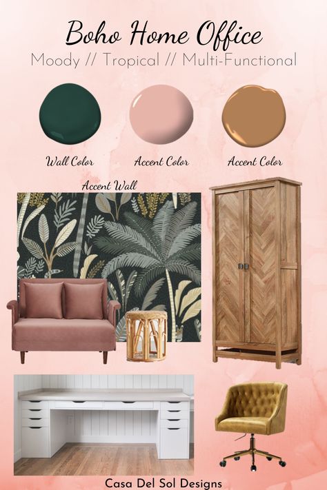 I'm so excited to reveal my home office design plans! I'll be bringing a moody, tropical boho vibe with deep green walls, a tropical accent wall and wood accents throughout. Green And Blue Office Design, Home Office Tropical Design, Pink Home Office Ideas Bohemian, Office Wallpaper Accent Wall Home Office, Gold And Green Office Decor, Pink And Green Home Office Ideas, Home Office Wallpaper Accent Wall Bedroom, Pink Green Wood Interior, Wallpaper Officr