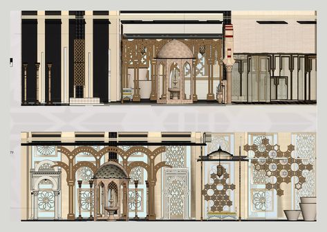 Mediterranean Architecture Interior, Interior Design Graduation Project, Interior Design Collage, Islamic Museum, Islamic Furniture, Islamic Interior, Arabic Interior Design, Islamic Art Museum, Islamic Interior Design