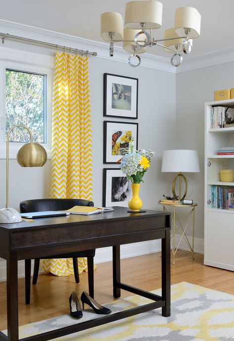 Yellow Office Ideas, Yellow Office Decor, Upgrade Builder Grade, Yellow Home Office, Pale Yellow Walls, Blue Home Offices, Mid Century Modern Home Office, Multipurpose Office, Yellow Storage