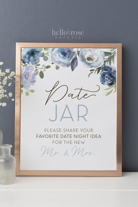 Date Night Ideas Jar, Blue Bridal Shower Decorations, Blue Bridal Shower Themes, Floral Bridal Shower Theme, Jar Printable, Envelope Printable, Garden Party Bridal Shower, Bridal Shower Inspo, Wedding Shower Themes