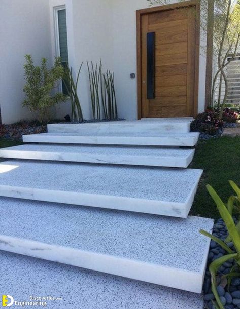 Entrance Staircase Designs To Beautify Homes And Improve Curb Appeal | Engineering Discoveries Stairs Exterior, Stairs House, Porch Stairs, Patio Steps, House Staircase, Entry Stairs, Exterior Stairs, Concrete Stairs, Front Yard Design