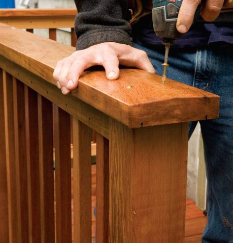 Installing a Railing Cap - Fine Homebuilding Railing Cap Ideas, How To Build Front Porch Railings, Deck Handrail Ideas Wood, Wood Porch Railing Ideas, Deck Railing Cap Ideas, Deck Railings That Dont Block View, Wood Porch Railings, Handrail Ideas, Deck Railing Diy