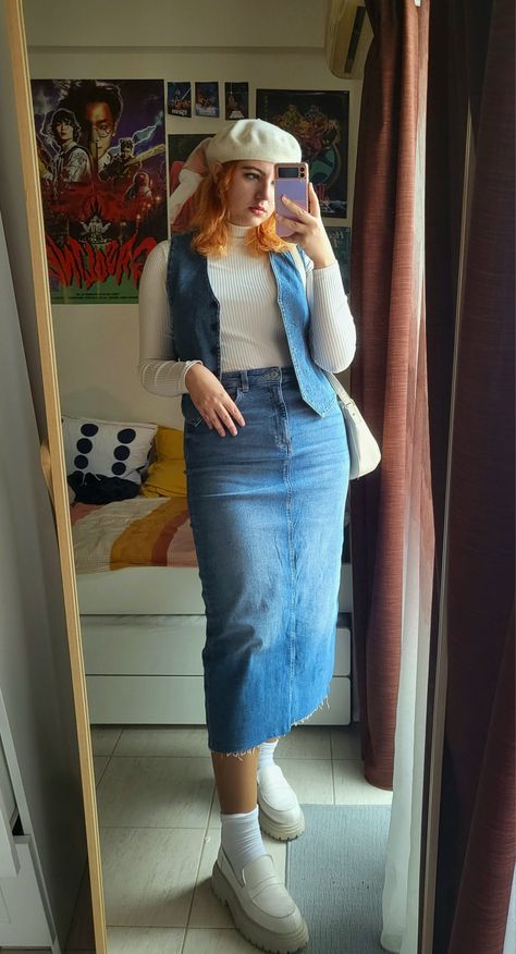 90s Denim Skirt Outfit, Denim Vest And Skirt Outfit, 80s Denim Outfit, Denim Vest Outfit Aesthetic, Skirt Jeans Outfit, Full Denim Outfit, Vest Outfits Aesthetic, Jean Vest Outfits, Long Denim Skirt Outfit