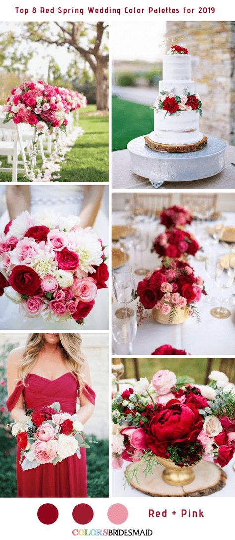 Red And Gold Spring Wedding, Red Color Schemes Wedding, Deep Red And Pink Wedding, Spring Red Wedding Color Schemes, Blush Pink And Red Wedding Theme, Red Spring Wedding Colors, Light Red Wedding Theme, Red And Pink Wedding Theme Color Schemes, Spring Wedding Inspiration Colour Palettes