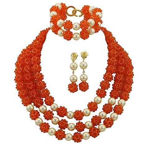 Africanbeads 3Rows Orange African Wedding Jewelry SetAfrican Wedding Beads Jewelry Set ** Amazon most trusted e-retailer  #AfricanFashion Cheap Traditional Orange Jewelry, Elegant Orange Beaded Necklace For Wedding, Orange Polished Finish Wedding Jewelry, Orange Red Coral Wedding Jewelry, Cheap Orange Multi-strand Necklaces, African Wedding Jewelry, African Wedding, Wedding Jewelry Sets, Jewelry Set