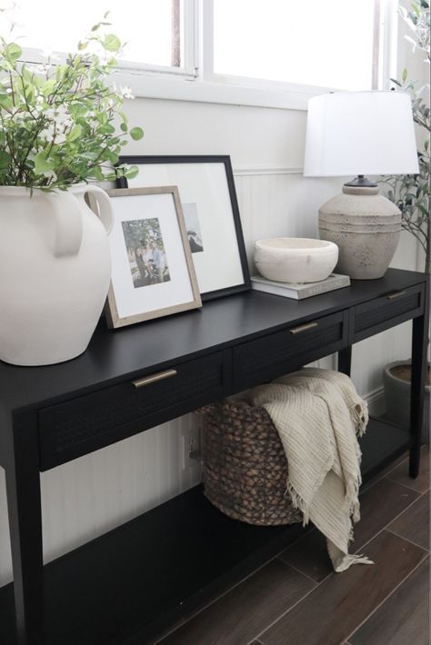 Small Black Console Table, Black Console Table Entryway, Black Console Table Decor, Black Entry Table, White Entry Table, Sconces Ideas, Black Entryway Table, Minimalist Console Table, Console Table Entryway